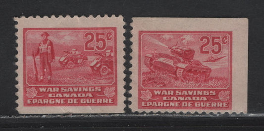 Lot 89 Canada Van Dam#FWS10, FWS13 25c Carmine Rose Tank & Soldier, 1940-1941 War Savings Issue, 2 FNH Singles, Light Bends