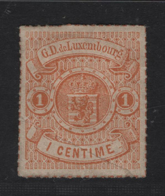 Lot 9 Luxembourg SC#18 1c Orange Arms, 1865-1874 Arms Issue, A Very Good Unused Single, Rouletted In Color, Diagonal Crease Across LL of Stamp