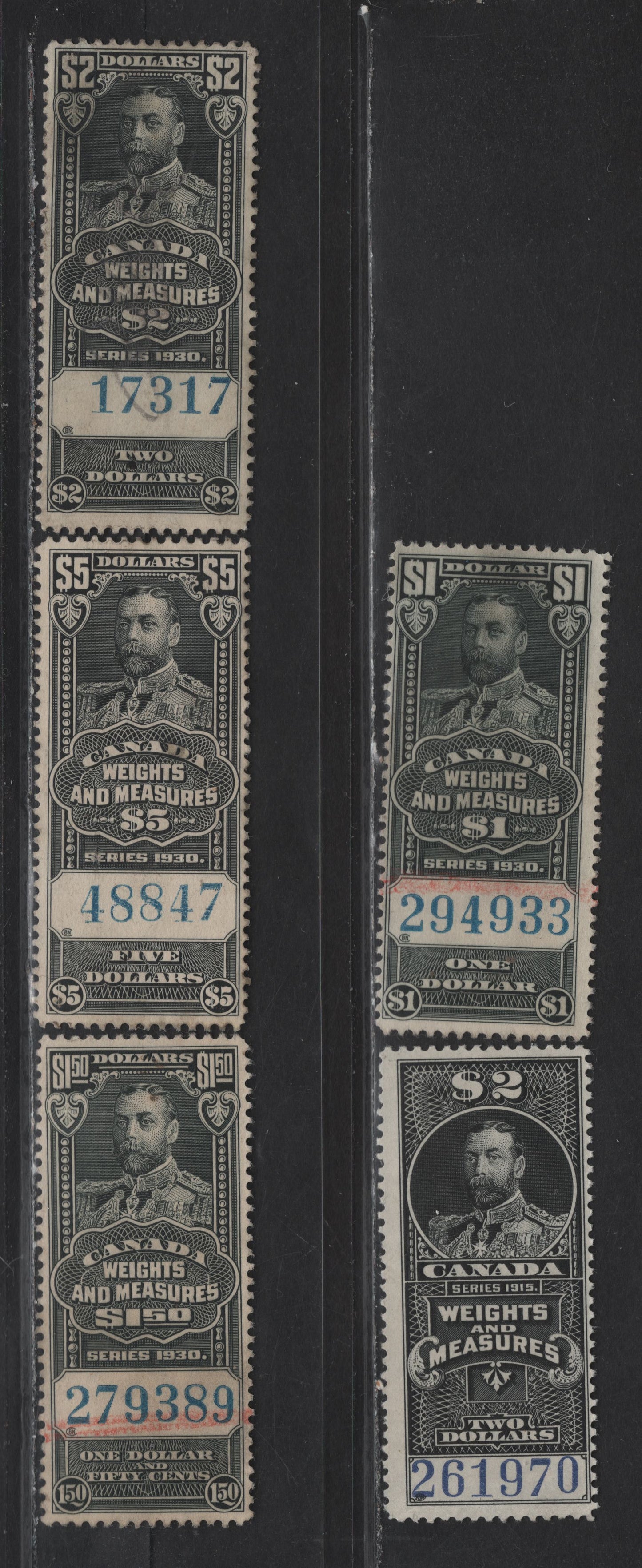Lot 91 Canada Van Dam#FWM59, FWM67-70 $1 - $5 Black King George V, 1915-1930 Weights & Measures Issues, 5 Fine Used Singles