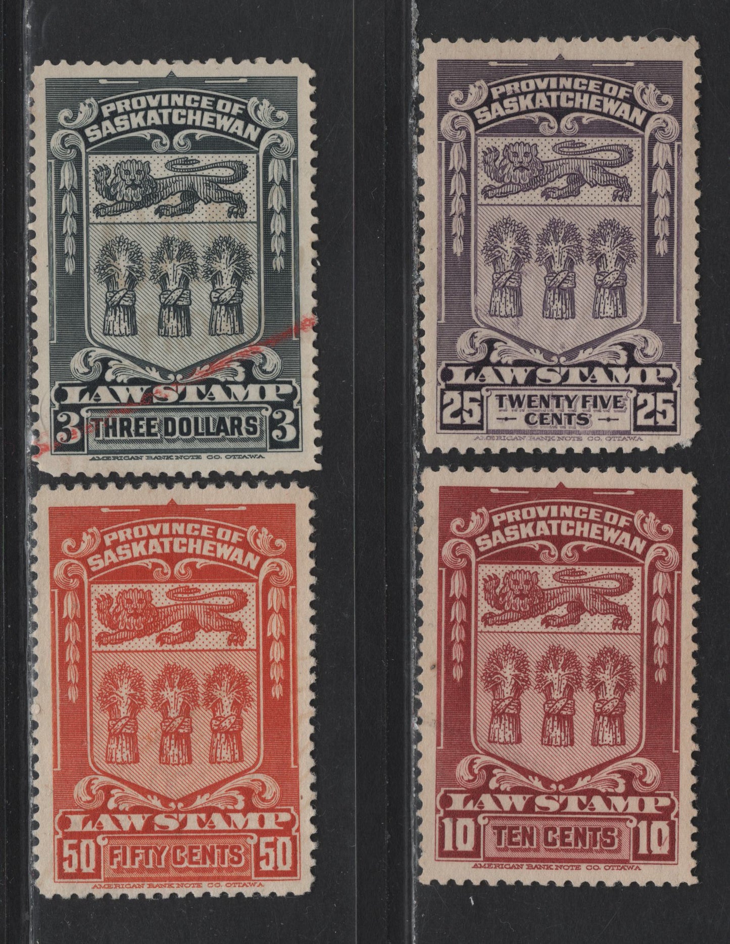Lot 93 Canada Van Dam#SL34, SL36-SL37, SL41 10c - $3 Lake - Slate Arms, 1908 First Law Issue, 4 Fine/Very Fine Used Singles, Province Of Saskatchewan