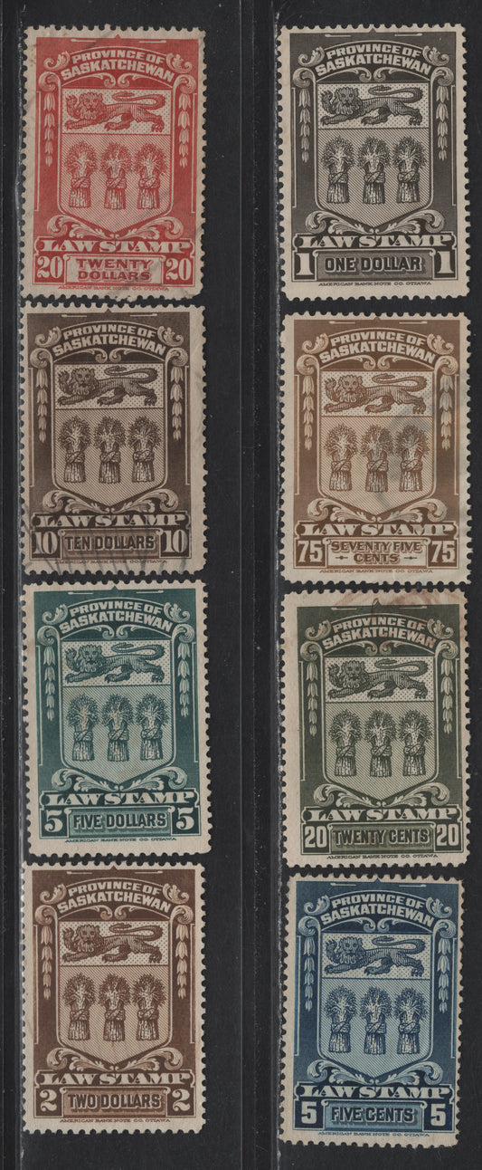 Lot 94 Canada Van Dam#SL33/SL44 20c -$20 Olive Green - Indian Red Arms, 1908 First Law Issue, 8 Fine Used Singles