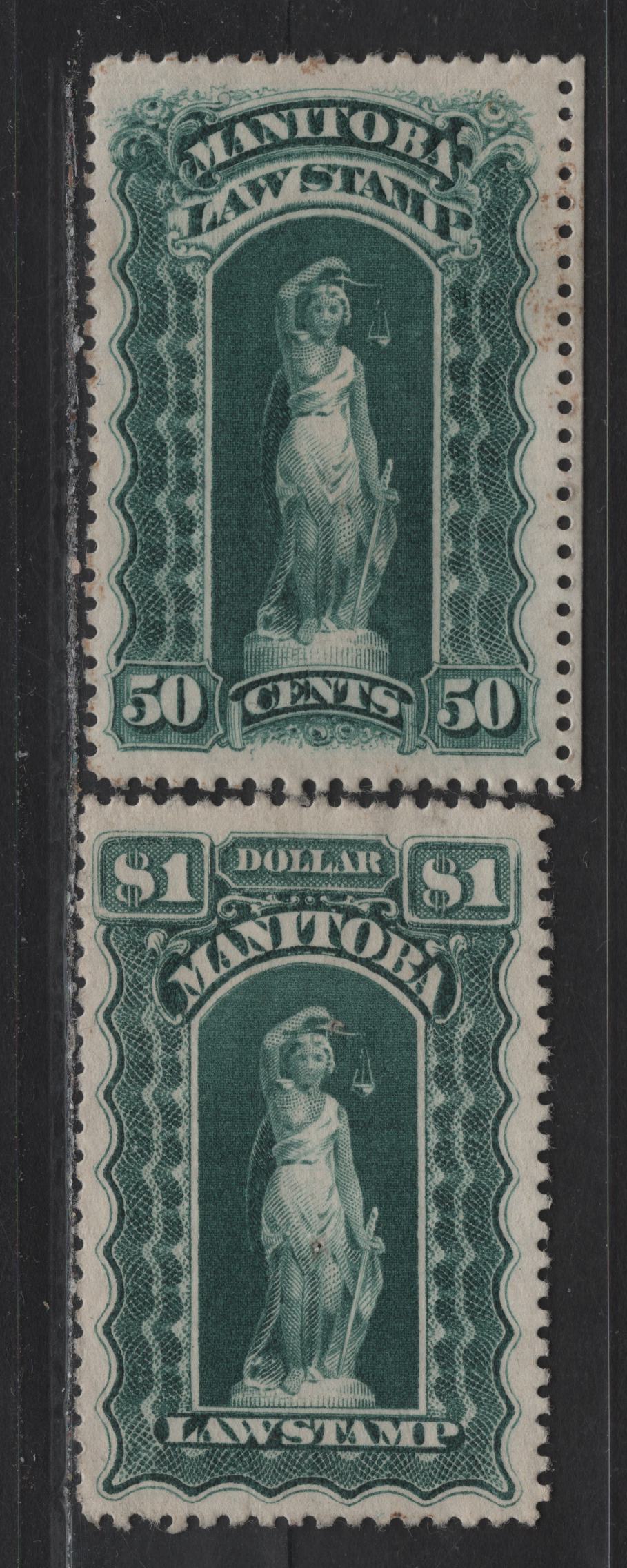 Lot 95 Canada Van Dam#ML112a, ML113a 50c - $1 Blue Green Liberty, 1897-1901 law Issue With 6 Scallops, 2 Very Fine Used Singles, Province of Manitoba