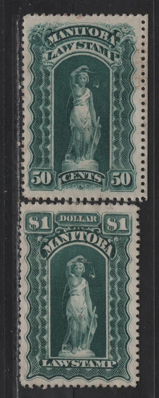 Lot 95 Canada Van Dam#ML112a, ML113a 50c - $1 Blue Green Liberty, 1897-1901 law Issue With 6 Scallops, 2 Very Fine Used Singles, Province of Manitoba