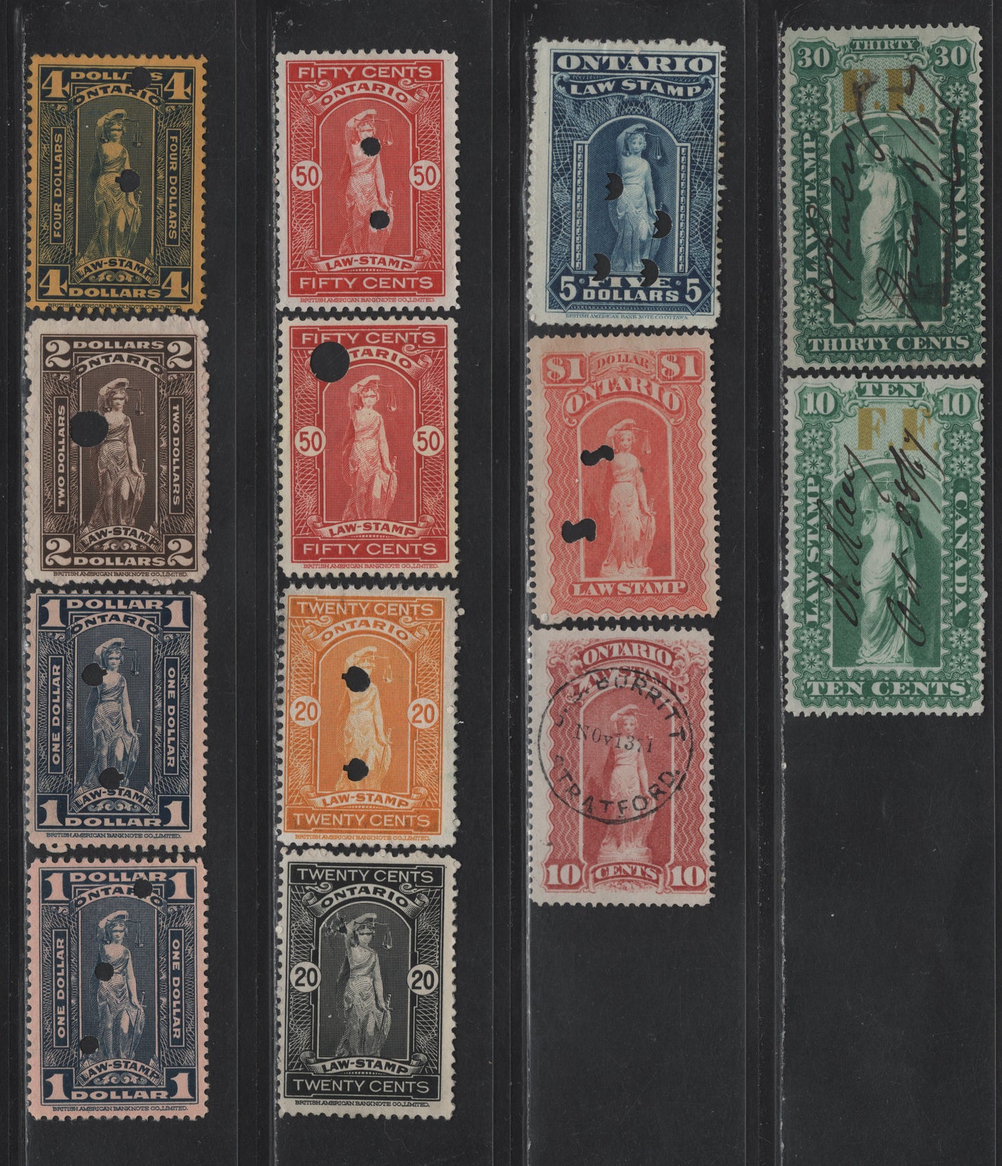 Lot 96 Canada Van Dam#OL17, OL19, OL47, OL57, OL62, OL68-69, OL72a, OL73, OL75-a, OL76 10c - $4 Green - Blue on Yellow Liberty, 1864-1961 Fee Fund Law - Law Stamp Issues, 13 Fine/Very Fine Used Singles, Including Shade Varieties