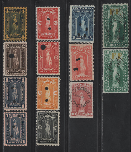 Lot 96 Canada Van Dam#OL17, OL19, OL47, OL57, OL62, OL68-69, OL72a, OL73, OL75-a, OL76 10c - $4 Green - Blue on Yellow Liberty, 1864-1961 Fee Fund Law - Law Stamp Issues, 13 Fine/Very Fine Used Singles, Including Shade Varieties