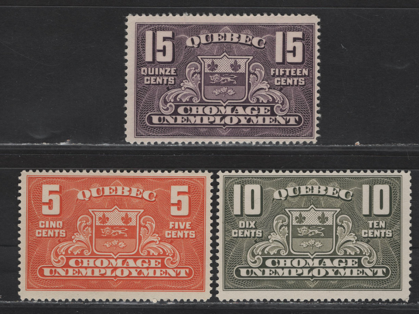 Lot 97 Canada Van Dam#Q41-Q43 5c - 15c Orange - Violet Arms, 1934-1939 Unemployed Relief Tax Issue, 3 FOG Singles