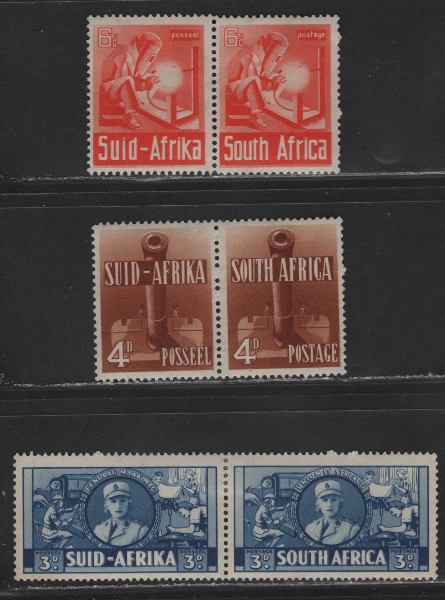 Lot 101 South Africa (C) SG#91-93 4d - 6d Orange Brown - Red Orange Pictorials, 1941-1946 Large Format War Effort Issue, 3 F/VFOG Pairs
