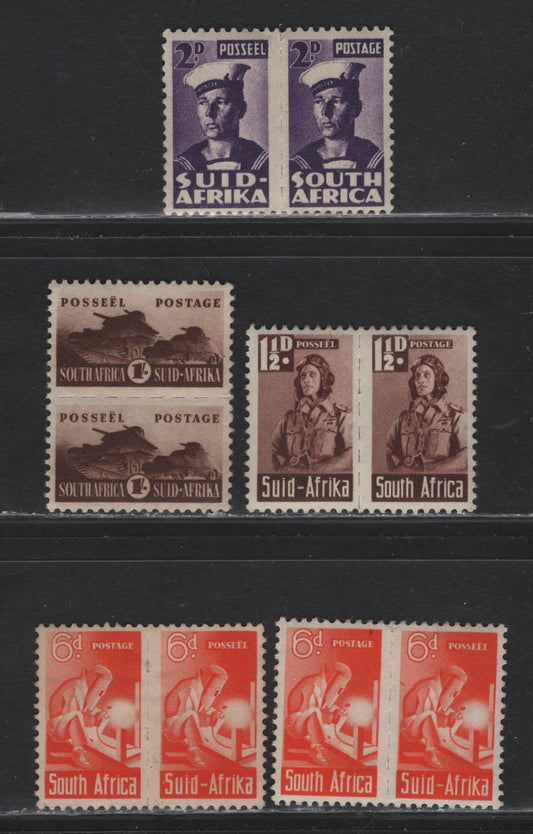 Lot 102 South Africa (C) SG#99-100, 102, 104 135d - 1/- Brown Pictorials, 1942-1944 Small Format War Effort Issue, 4 F/VFNH/OG Pairs, Minor Gum Toning, There Is A Corner Crease At LR On The 1/- Pair, Two Slightly Different Shades Of 6d.