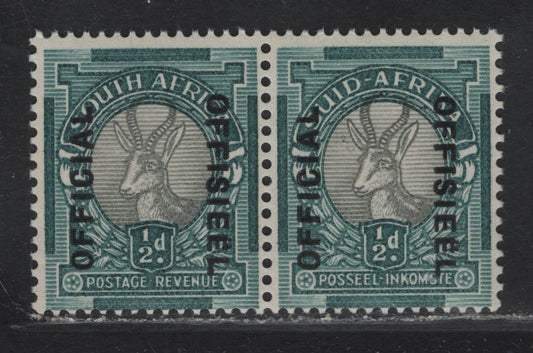 Lot 104 South Africa (C) SG#O32 1/2d Gray & Blue Green Pictorials, 1937-1944 Photogravure Pictorial Issue, A FNH Pair, Bilingual Official Overprint, Official Reading Up, Offside Reading Downward, No Period.