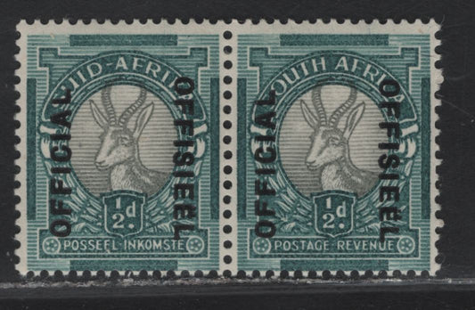 Lot 105 South Africa (C) SG#O32 1/2d Gray & Blue Green Pictorials, 1937-1944 Photogravure Pictorial Issue, A FOG Pair, Bilingual Official Overprint, Official Reading Up, Offside Reading Downward, No Period.