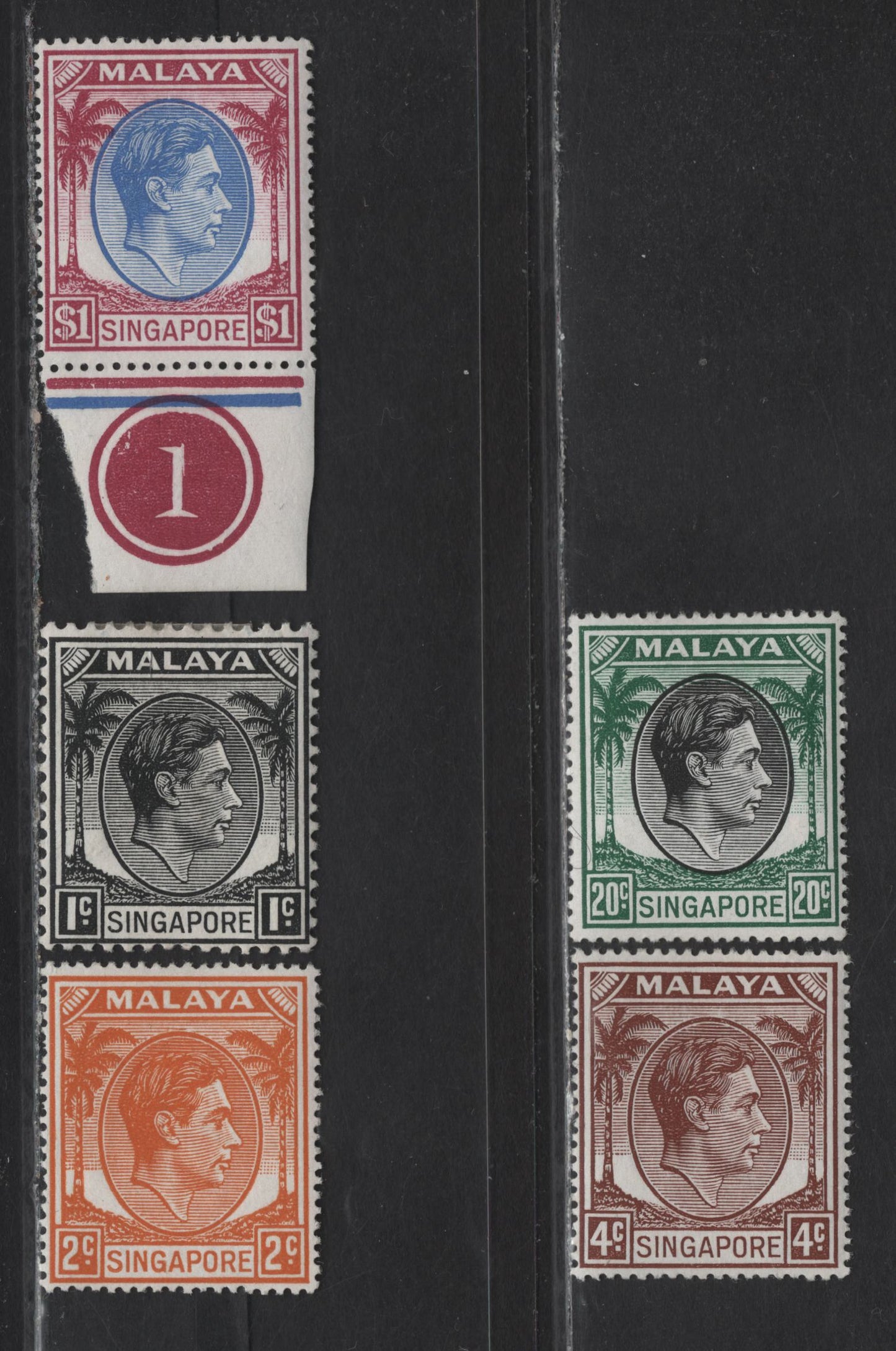 Lot 107 Singapore (C) SG#1, 17, 19, 24, 28 1c -$1 Black - Blue & Purple King George VI, 1948-1952 KGVI Palm Tree Keyplates Issue, 5 VFOG Singles, Perfs 17.5x18 & 14