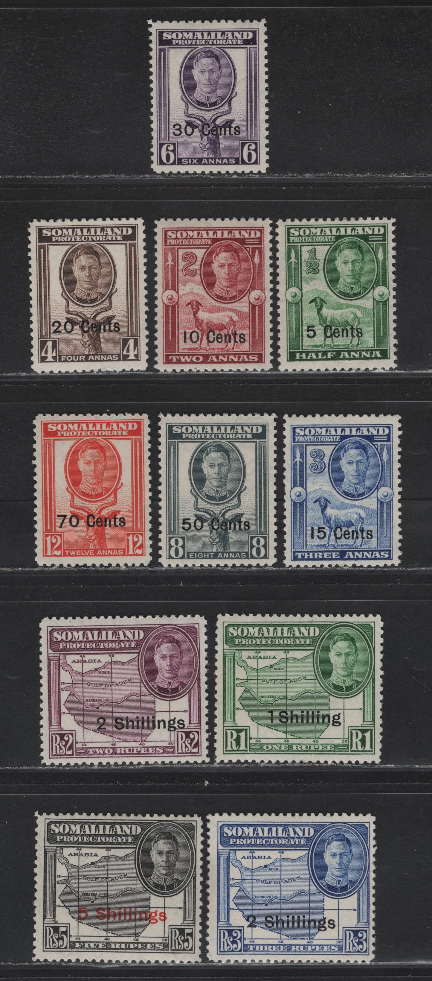 Lot 109 Somaliland (C) SG#125-135 5c on 1/2a - 5/- on 5r Green - Black King George VI, 1951 KGVI Pictorial Issue, 11 F/VFOG Singles, New Currency Surcharges