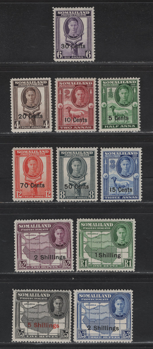 Lot 109 Somaliland (C) SG#125-135 5c on 1/2a - 5/- on 5r Green - Black King George VI, 1951 KGVI Pictorial Issue, 11 F/VFOG Singles, New Currency Surcharges