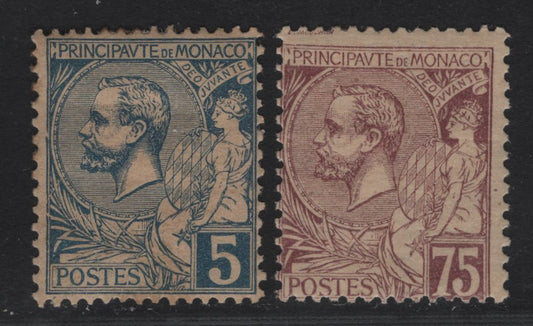 Lot 11 Monaco SC#3, 24a 5c - 75c Slate Blue - Lilac Brown on Buff Prince Albert I, 1891-1921 Prince Albert I Issue, 2 FOG Singles