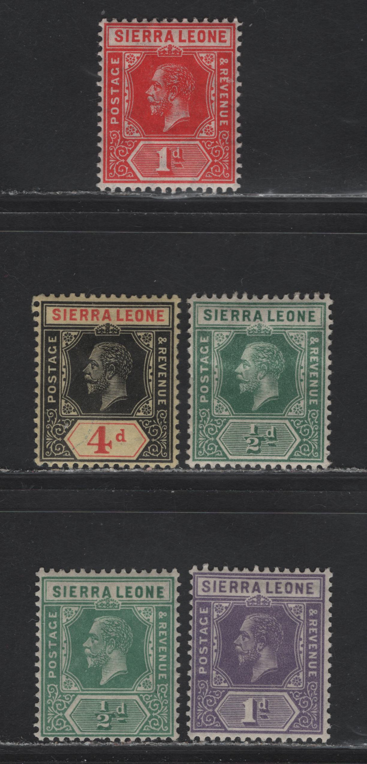 Lot 111 Sierra Leone (C) SG#112a, 113a, 117, 131-132 1/2d - 4d Yellow Green - Black & Red King George V, 1912-1927 KGV Imperium Keyplates Issue, 5 F/VFOG Singles, Die 1, Multiple Crown CA & Script CA Wmks