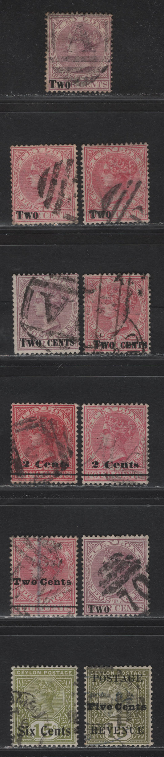 Lot 119 Ceylon (C) SG#202-203, 207, 209, 233, 250 2c on 4c - 6c on 15c Rosy Mauve - Sage Green Queen Victoria, 1880-1899 Surcharges, 11 Fine/Very Fine Used Singles