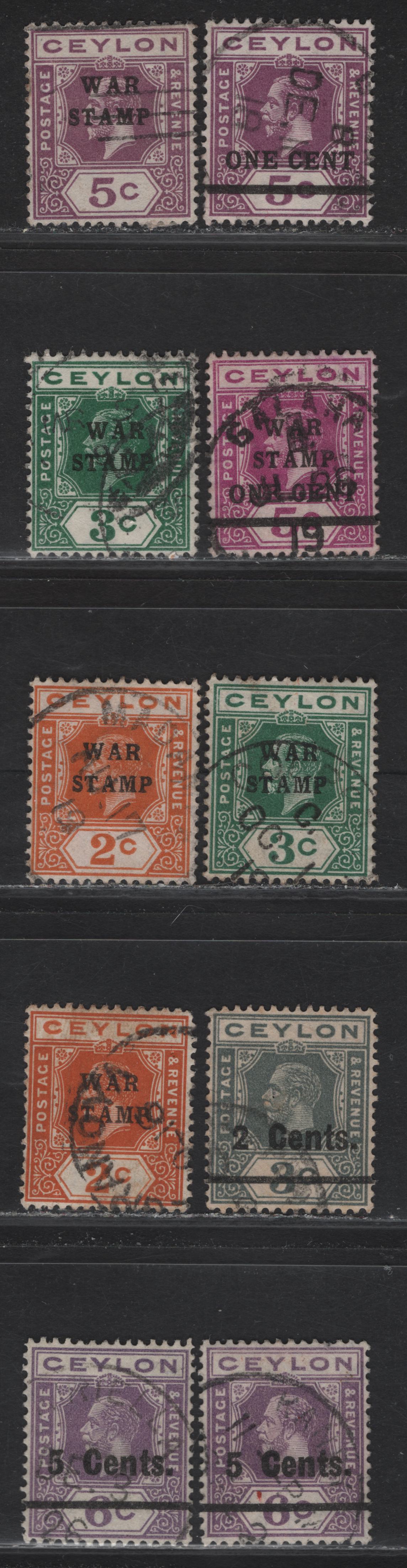 Lot 122 Ceylon (C) SG#330-333, 337, 336, 361-362 2c - 5c on 6c Brown Orange - Bright Scarlet King George V, 1918-1926 War Stamps Overprints & Surcharges Issues, 10 Fine/Very Fine Used Singles