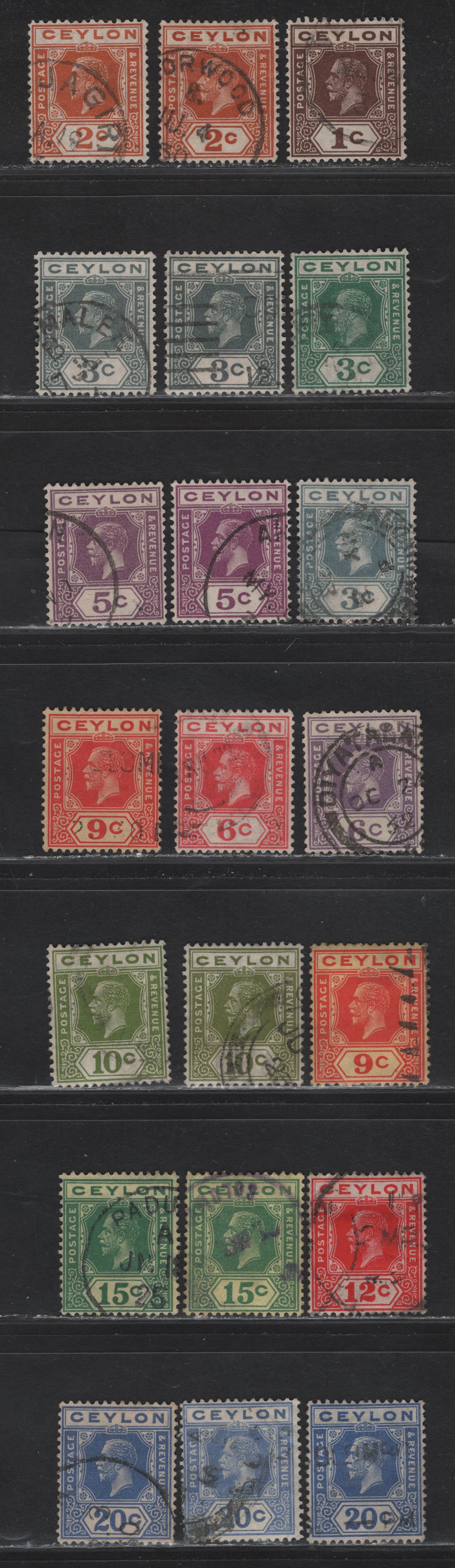 Lot 125 Ceylon (C) SG#338-346b, 347a, 349-a, 350, 350b 1c - 20c Brown - Bright Blue King George V, 1921-1932 KGV Imperium Keyplates Issue, 21 Fine/Very Fine Used Singles, Multiple Script CA Wmk, Some Shade Varieties