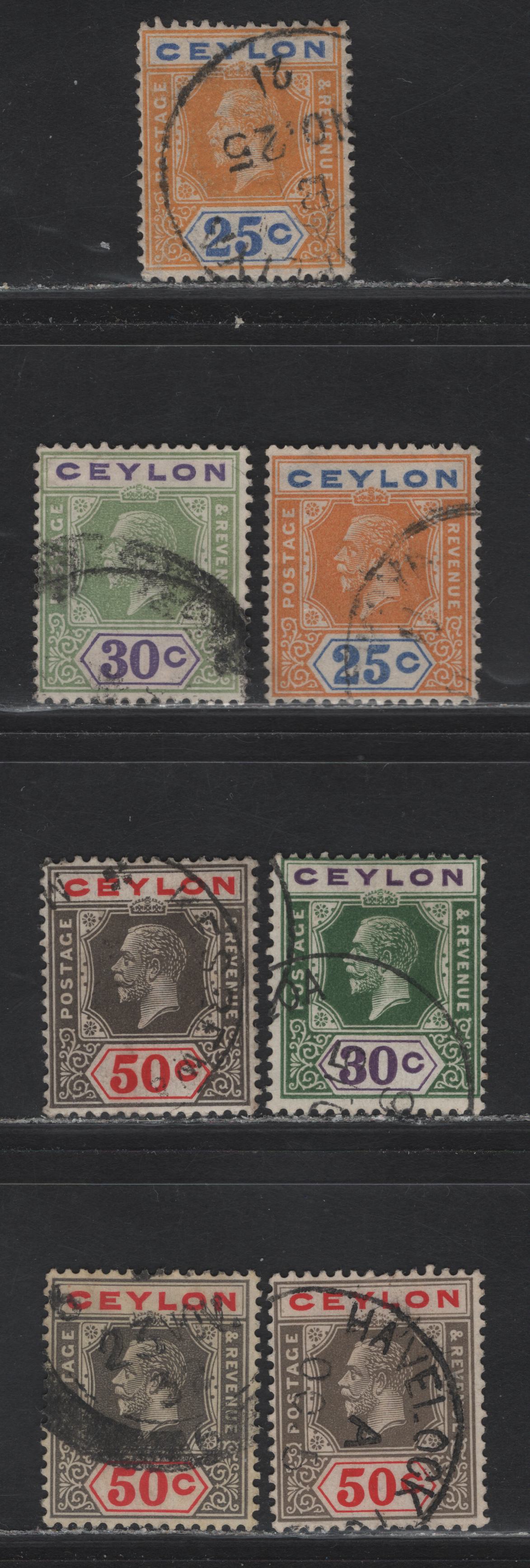 Lot 127 Ceylon (C) SG#351, 351b, 352a, 353 25c - 50c Orange/Orange Yellow & Blue - Gray Black & Scarlet King George V, 1921-1932 KGV Imperium Keyplates Issue, 7 Fine/Very Fine Used Singles, Script CA Wmk, Dies 1 & 2