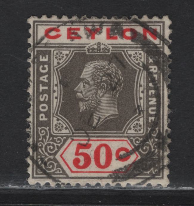 Lot 128 Ceylon (C) SG#353a 50c Gray Black & Scarlet King George V, 1921-1932 KGV Imperium Keyplates Issue, A Very Fine Used Single, Multiple Script CA Wmk