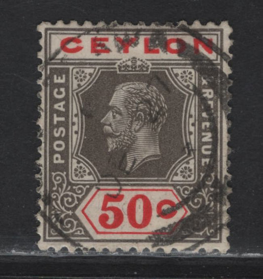 Lot 128 Ceylon (C) SG#353a 50c Gray Black & Scarlet King George V, 1921-1932 KGV Imperium Keyplates Issue, A Very Fine Used Single, Multiple Script CA Wmk