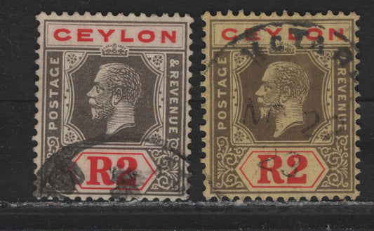 Lot 130 Ceylon (C) SG#355 2r Gray Black & Red on Yellow King George V, 1921-1932 KGV Imperium Keyplates Issue, 2 Very Fine Used Singles, Multiple Script CA Wmk