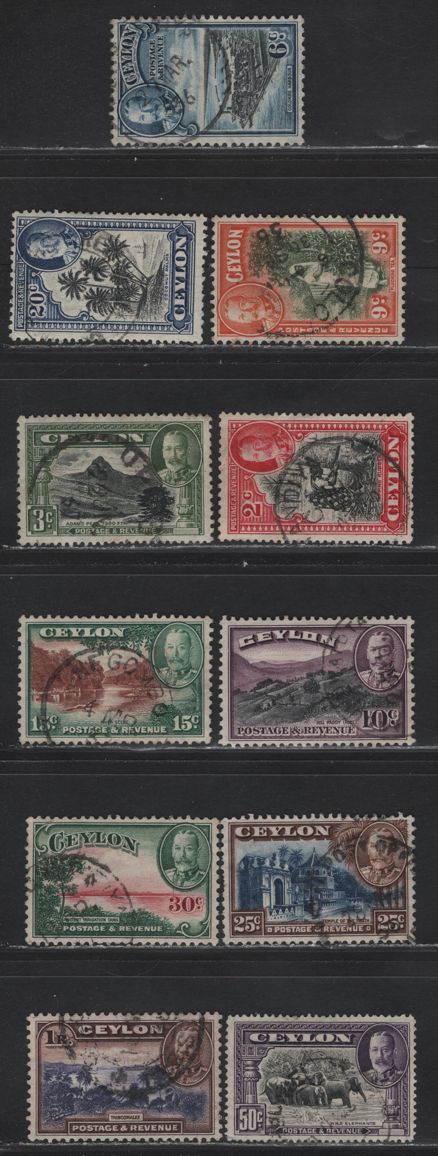 Lot 133 Ceylon (C) SG#368-378 2c - 1r Black & Carmine - Vviole & Chocolate King George V, 1935-1936 KGV Pictorial Issue, 11 Fine/Very Fine Used Singles