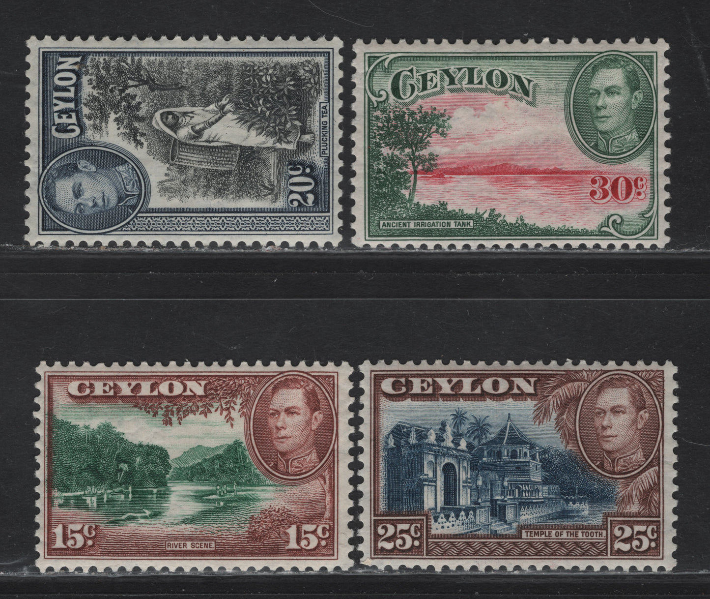 Lot 138 Ceylon (C) SG#390-393 15c - 30c Green & Red Brown - Carmine & Green King George VI, 1938-1952 KGVI Pictorial Issue, 4 VFOG Singles, 1938 Printings With Upright (20c) & Sideways Wmks (Rest)