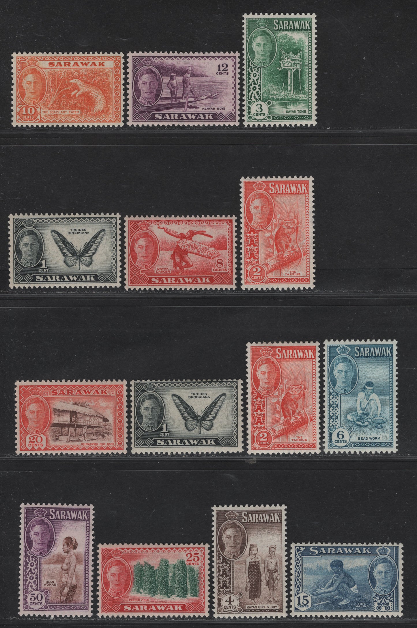 Lot 142 Sarawak (C) SG#171-182 1c - 50c Black - Brown & Violet King George VI, 1950 KGVI Pictorial Issue, 14 F/VFOG Singles, Extra Shades Of 1c & 2c