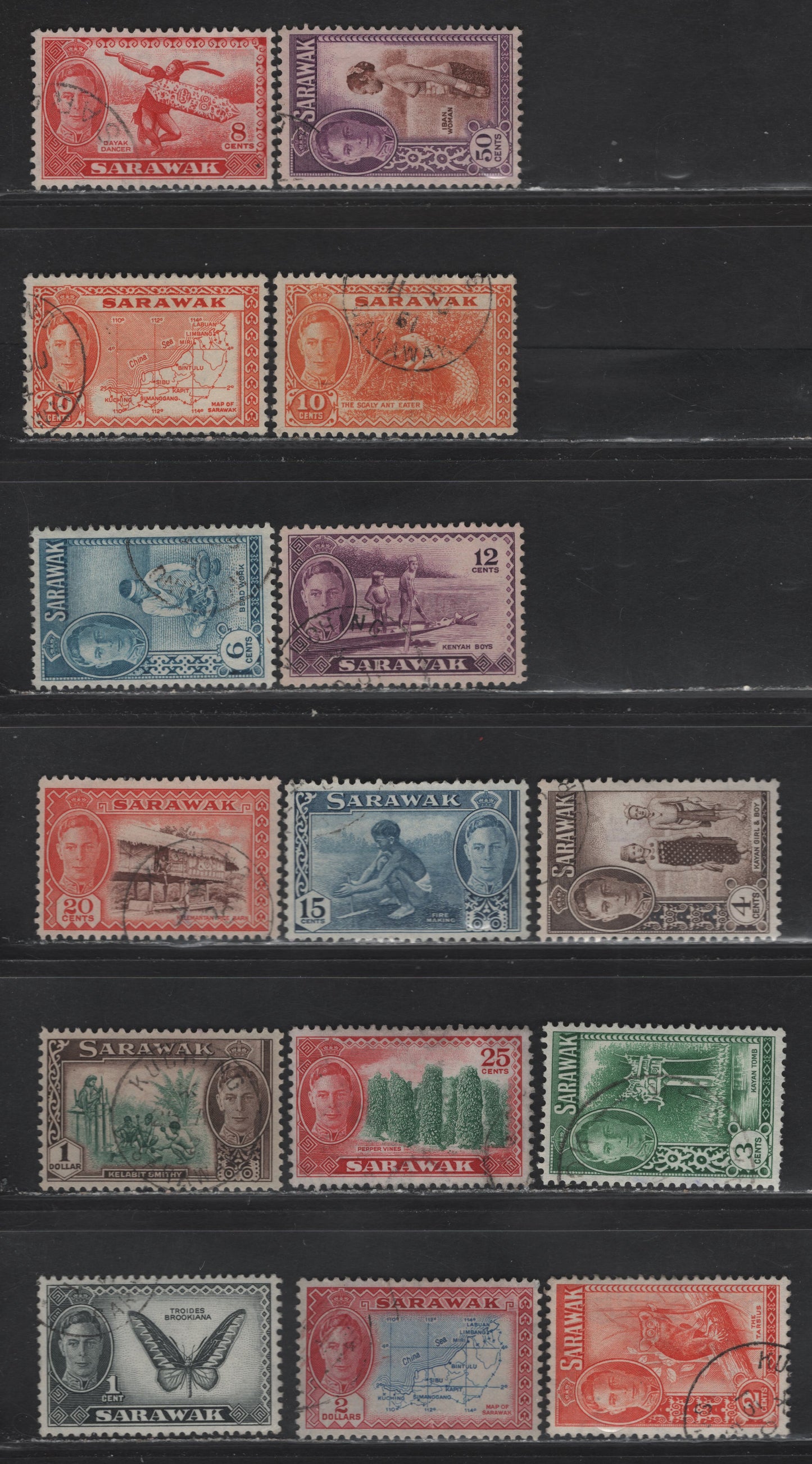 Lot 143 Sarawak (C) SG#171-184, 186 1c - $2 Black - Blue & Carmine King George VI, 1950-1952 KGVI Pictorial Definitive Issue, 15 Fine/Very Fine Used Singles
