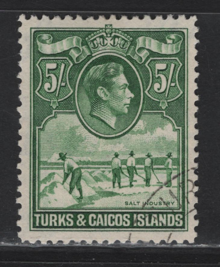 Lot 146 Turks & Caicos Islands (C) SG#204 5/- Yellowish Green King George VI, 1938-1950 KGVI Definitive Issue, A Very Fine Used Single, 1938 Printing