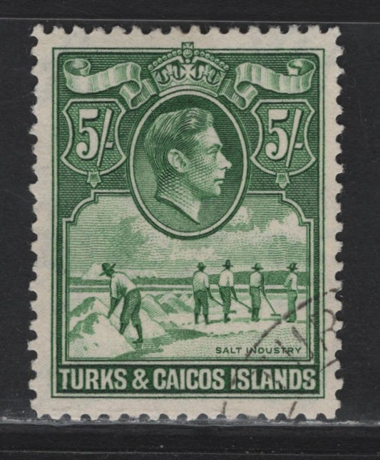 Lot 146 Turks & Caicos Islands (C) SG#204 5/- Yellowish Green King George VI, 1938-1950 KGVI Definitive Issue, A Very Fine Used Single, 1938 Printing