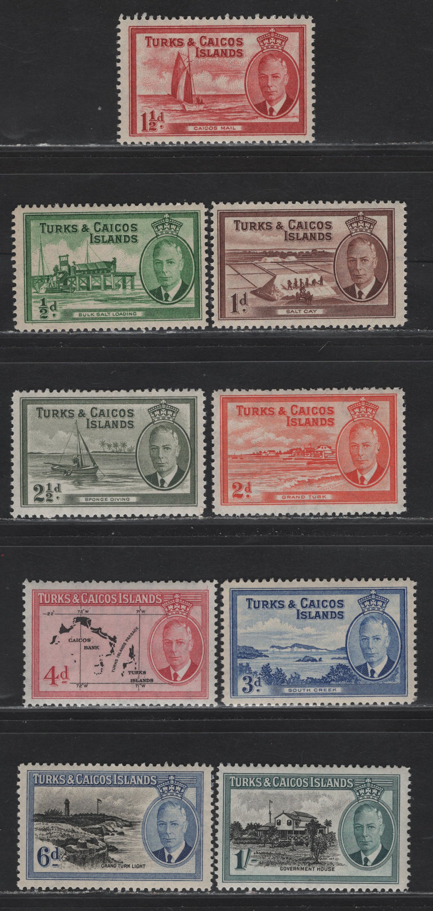 Lot 147 Turks & Caicos Islands (C) SG#221-229 1/2d - 1/- Green - Black & Dull Blue Green King George VI, 1938-1950 KGVI Definitive Issue, 9 F/VFNH Singles