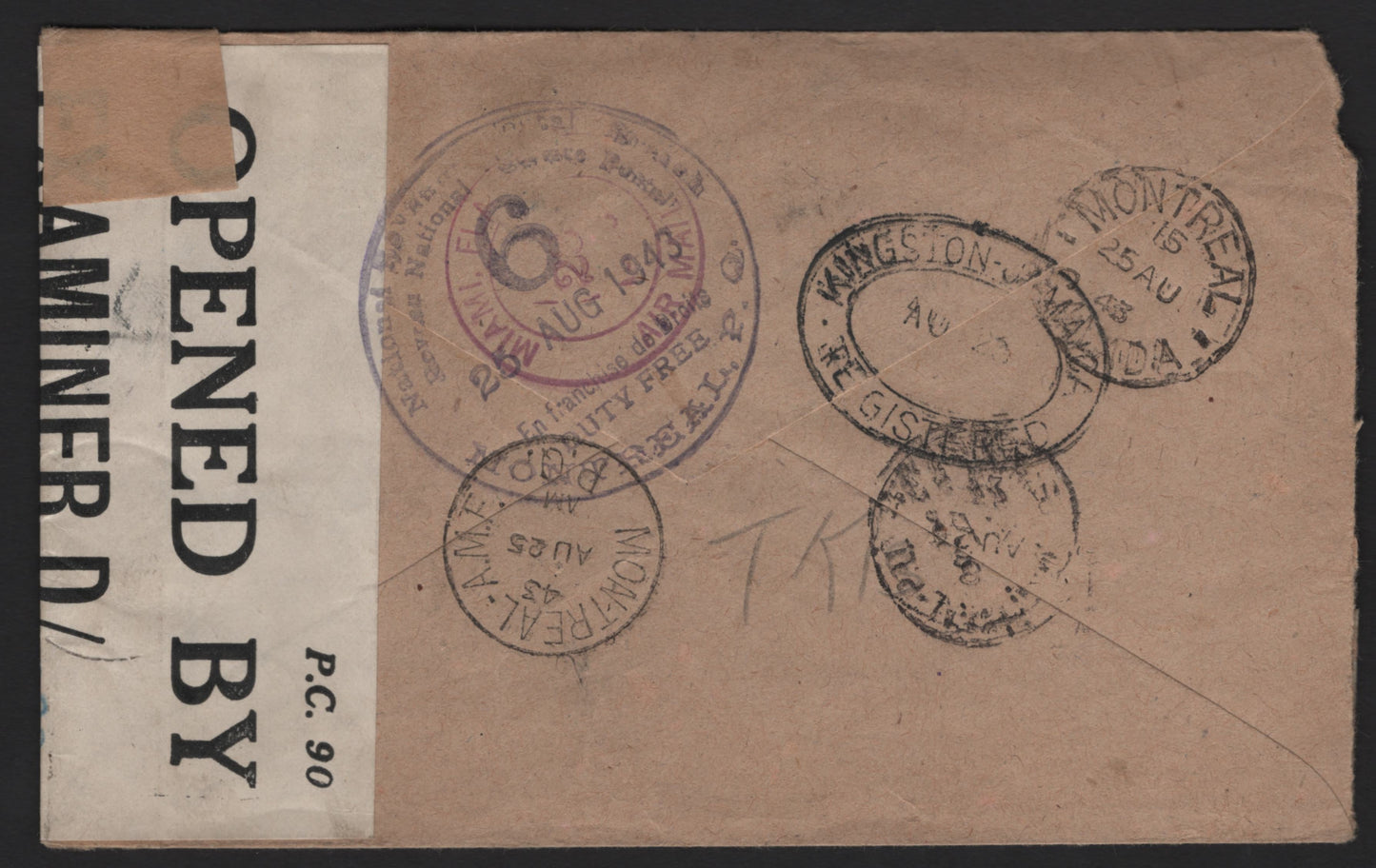 Lot 148 Turks & Caicos Islands (C) SG#198, 201-202 2d - 1/- Gray - Yellow Bistre King George VI, 1938-1950 KGVI Definitive Issue, A Very Fine Used Cover, Franked With 4 Singles, August 11 1943 Censored Cover To Montreal, Censor Tap & Handstamps On Front