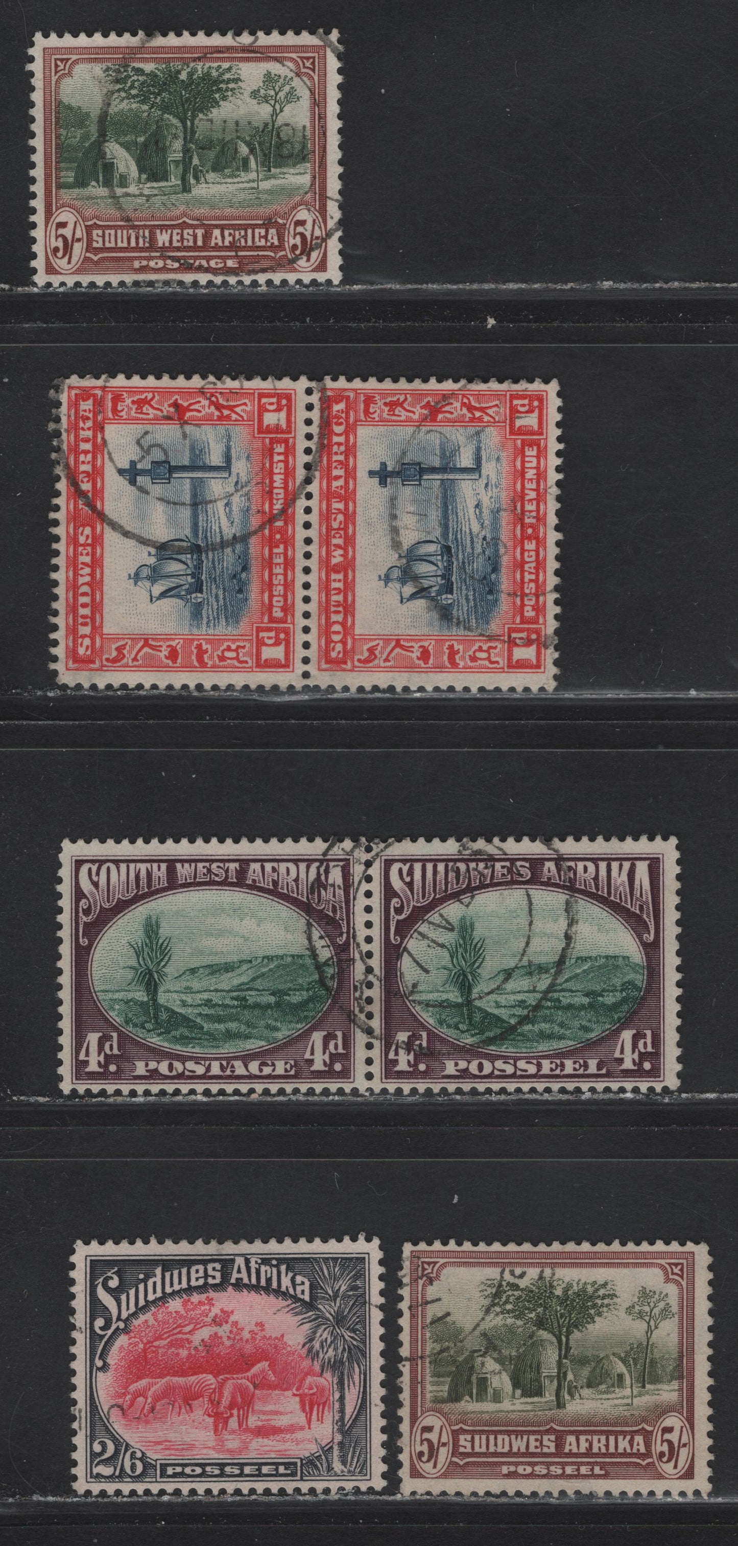 Lot 149 South-West Africa (C) SG#75, 78, 82-83 1d - 5/- Indigo & Scarlet - Sage Green & Red Brown Pictorial, 1931 Pictorial Issue, 5 Fine/Very Fine Used Singles & Pairs, The 2 5/- Singles Have Completely Different Colors