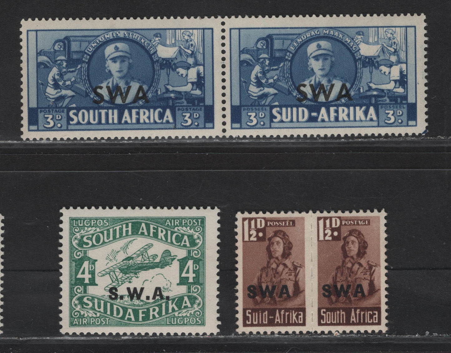 Lot 152 South-West Africa (C) SG#70b, 117, 125 4d - 1.5d Green - Red brown Airmail - Small War Effort, 1930-1944 Airmail - Small War Effort Issues, 3 F/VFOG/NH Single & Pairs, Minor Gum Toning