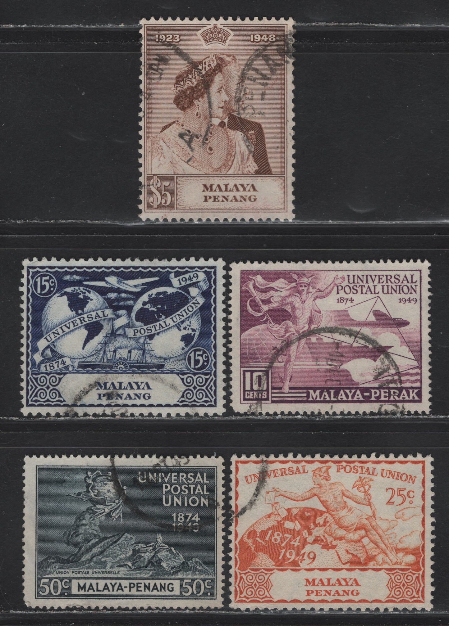 Lot 156 Malaya - Penang (C) SG#2, 23-26 $5 - 50c Brown - Blue Black King George V & Queen Elizabeth - UPU, 1948-1949 Silver Wedding - UPU Issues, 5 Fine/Very Fine Used Singles