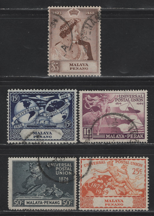 Lot 156 Malaya - Penang (C) SG#2, 23-26 $5 - 50c Brown - Blue Black King George V & Queen Elizabeth - UPU, 1948-1949 Silver Wedding - UPU Issues, 5 Fine/Very Fine Used Singles