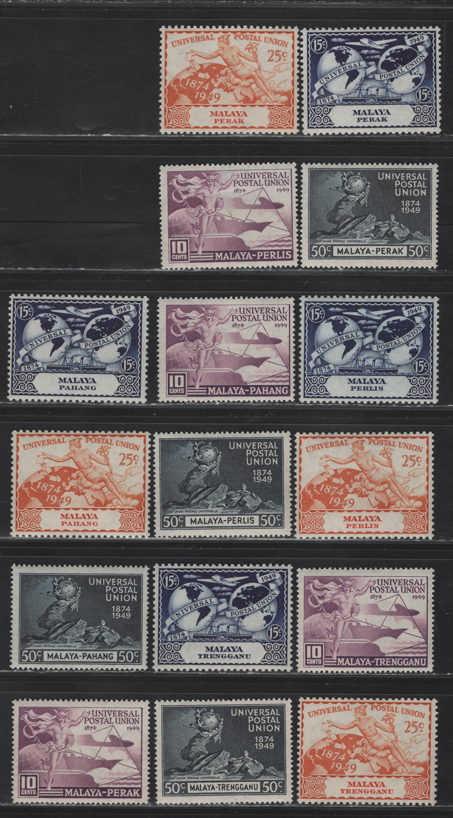 Lot 157 Malaya - Pahang, Perak, Perlis & Trengganu (C) SG#124-127, 49-52, 3-6, 63-66 10c - 50c Purple - Blue UPU, 1949 UPU Issues, 16 F/VFOG/NH Singles, Minor Gum Toning On Most Values