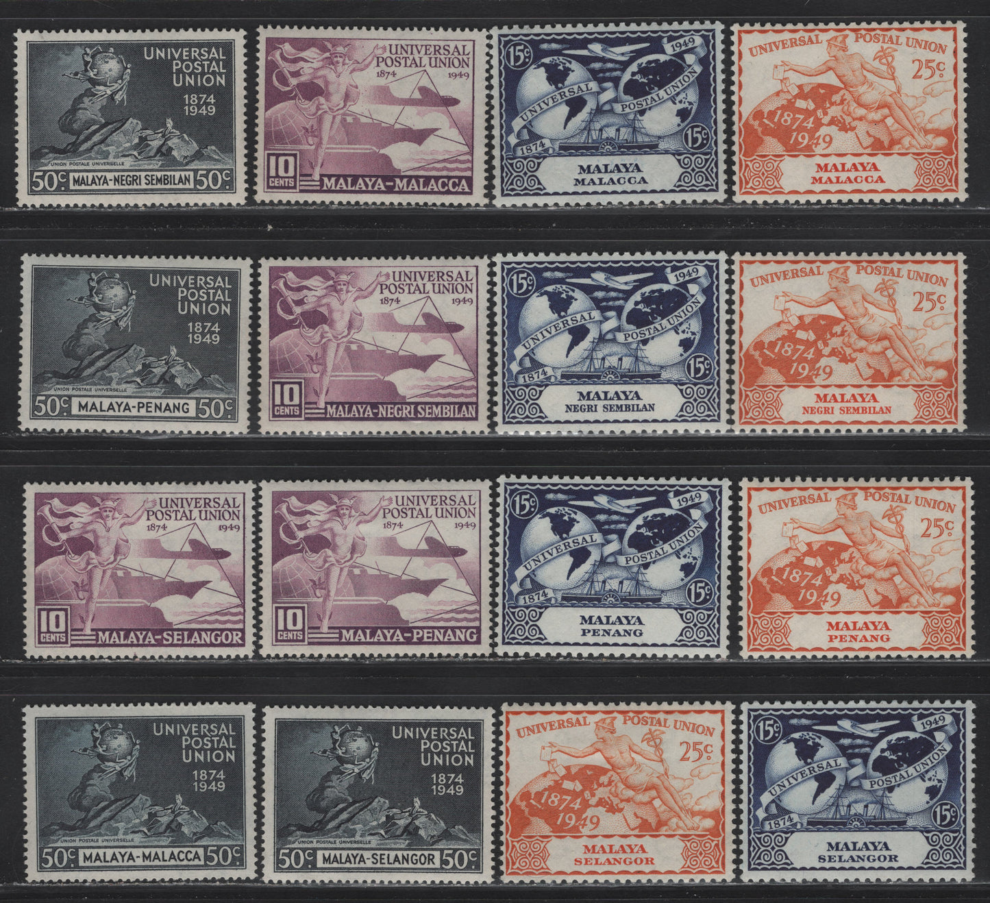 Lot 158 Malaya - Malacca, Negri-Sembilan, Penang & Selangor (C) SG#18-21, 63-66, 23-26, 111-114 10c - 50c Purple - Blue Black UPU, 1949 UPU Issues, 16 F/VFOG Singles, Some Minor Gum Toning On Most