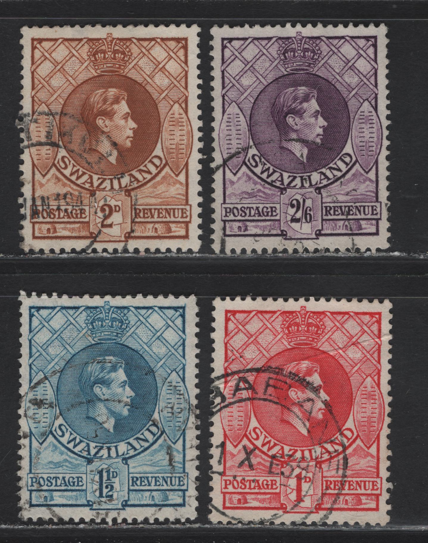 Lot 160 Swaziland (C) SG#29a, 30b, 31a, 36b 1d - 2/6 Rose-Red - Reddish Violet King George VI, 1938-1954 KGVI Definitive Issue, 4 Very Fine Used Singles, Perf 13.5x14