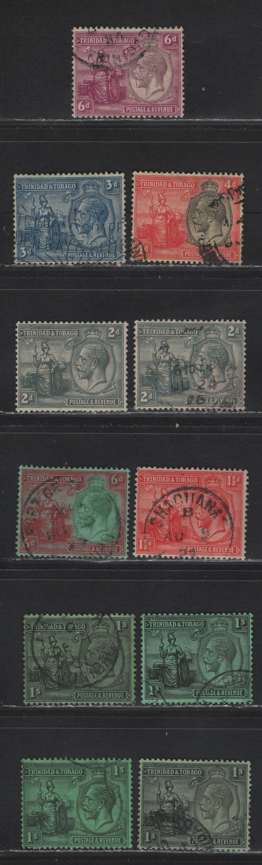 Lot 167 Trinidad & Tobago (C) SG#220b, 222-227 1.5d - 1/- Scarlet - Black on Emerald King George V - Britannia, 1922-1928 KGV & Britannia Keyplates Issue, 11 Fine/Very Fine Used Singles, Script CA Wmk, Including Shade Variations Of the 2d & 1/-
