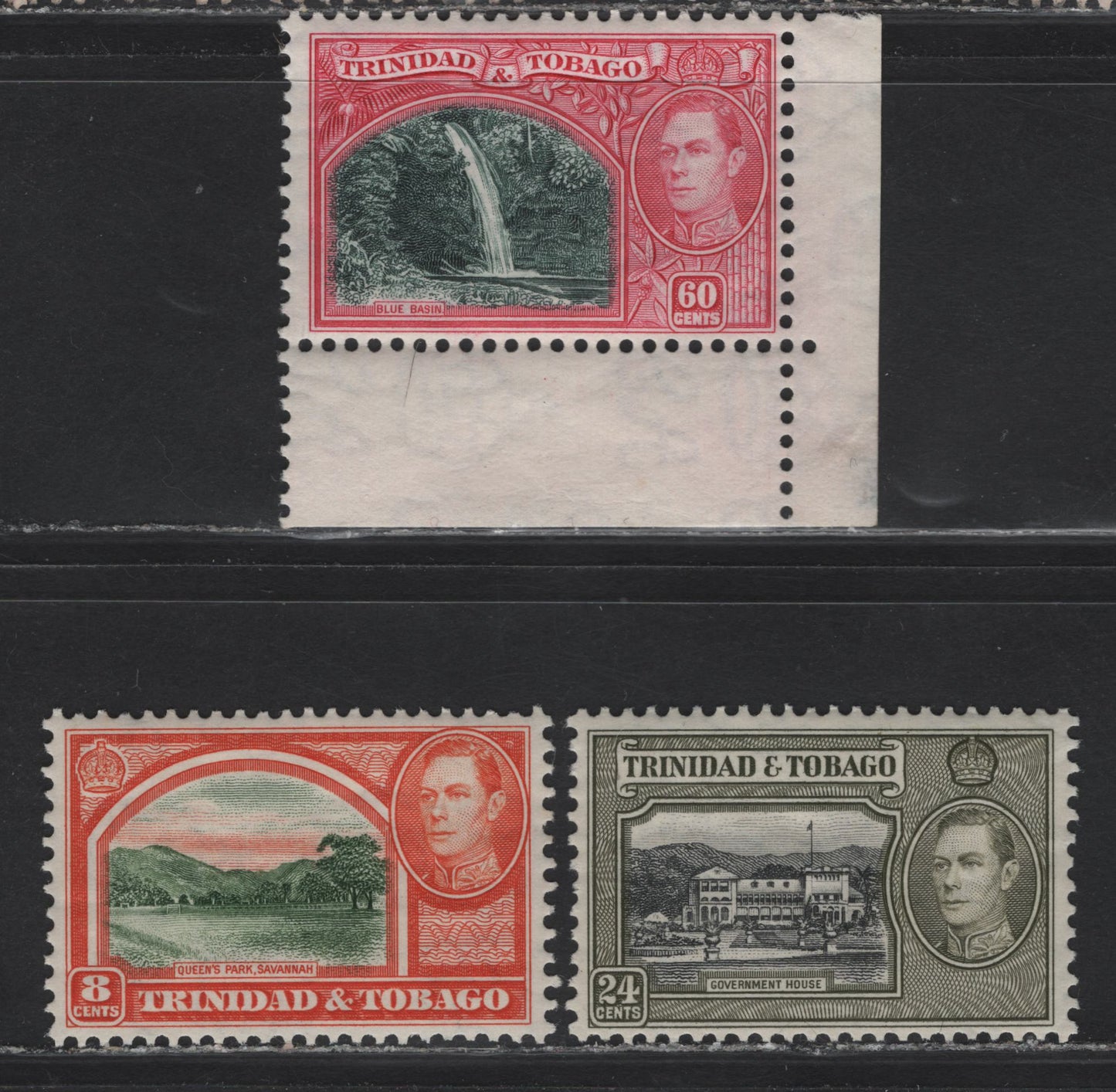 Lot 170 Trinidad & Tobago (C) SG#251, 253-254 8c - 60c Sage Green & Vermillion - Myrtle Green & Carmine King George VI, 1938-1944 KGVI Pictorial Issue, 3 F/VFOG Singles, 1938 Printings With Upright (20c) & Sideways Wmks (Rest), Streaky Gum
