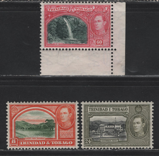 Lot 170 Trinidad & Tobago (C) SG#251, 253-254 8c - 60c Sage Green & Vermillion - Myrtle Green & Carmine King George VI, 1938-1944 KGVI Pictorial Issue, 3 F/VFOG Singles, 1938 Printings With Upright (20c) & Sideways Wmks (Rest), Streaky Gum