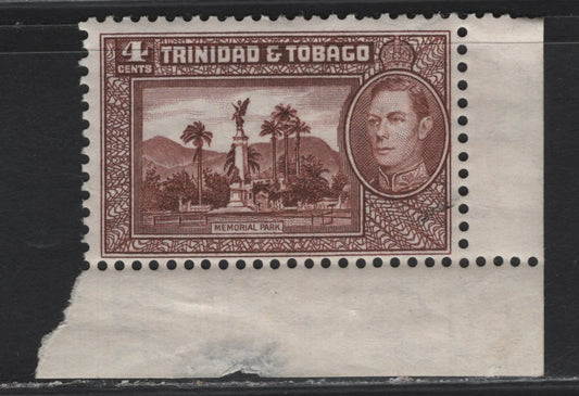 Lot 171 Trinidad & Tobago (C) SG#249 4c Chocolate King George VI, 1938-1944 KGVI Pictorial Issue, A FNH Single, 1938 Printing, LR Corner Marginal Example