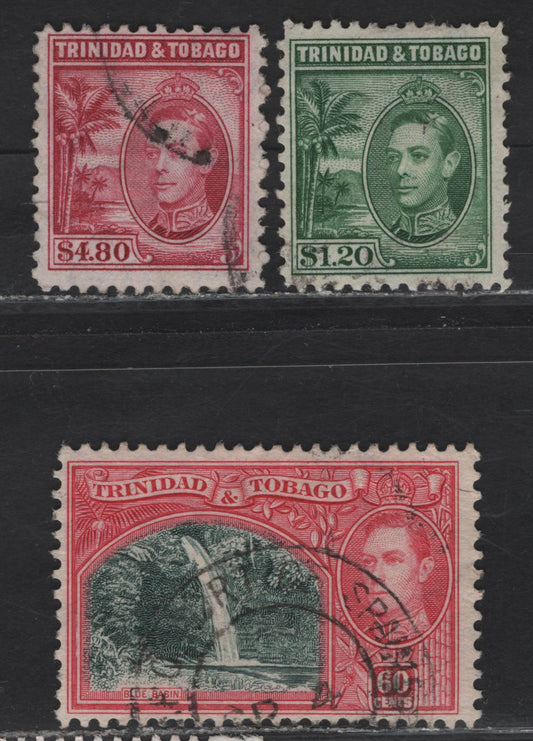 Lot 174 Trinidad & Tobago (C) SG#254-256 60c - $4.80 Myrtle Green & Carmine - Rose Carmine King George VI, 1938-1944 KGVI Pictorial Issue, 3 Fine Used Singles