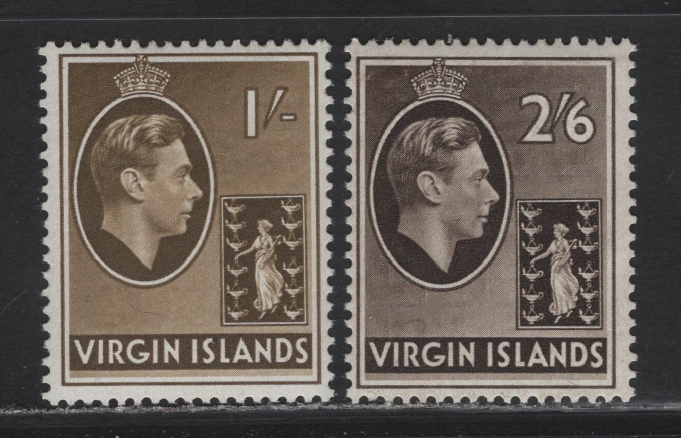 Lot 176 British Virgin Islands (C) SG#117a, 118 1/- - 2/6 Olive Brown - Sepia King George VI Badge of the Colony, 1938-1947 KGVI Badge of the Colony Issue, 2 FOG/NH Singles, Ordinary (1/-) & Chalky Papers, 2/6d is NH