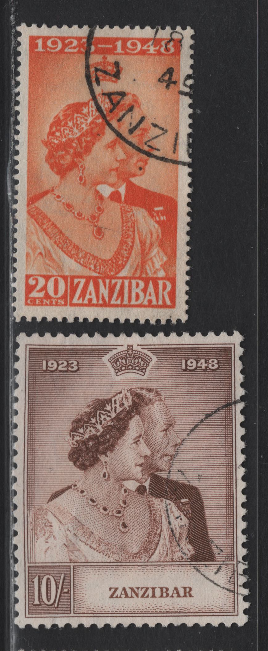 Lot 178 Zanzibar (C) SG#333-334 20c - 10/- Orange - Brown Silver Wedding, 1949 Silver Wedding Issue, 2 Very Fine Used Singles