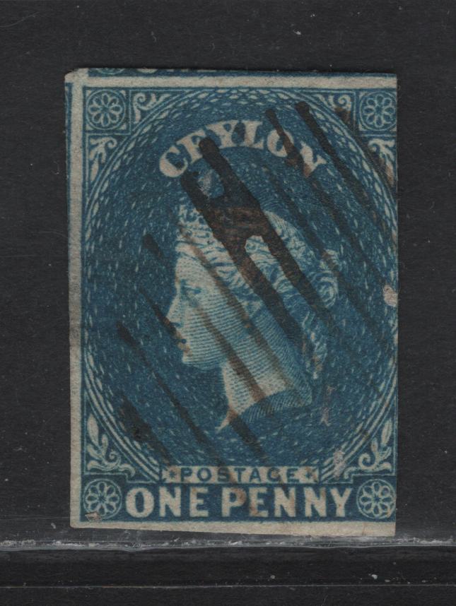 Lot 181 Ceylon (C) SG#2a 1d Blue Queen Victoria, 1857-1859 Imperf Courbould Heads Issue, A Good Used Single, Medium Hinge Thin