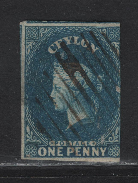 Lot 181 Ceylon (C) SG#2a 1d Blue Queen Victoria, 1857-1859 Imperf Courbould Heads Issue, A Good Used Single, Medium Hinge Thin